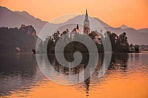 An Island with Church in Bled Lake, Slovenia at Sunrise