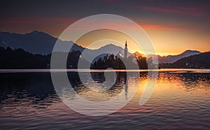 Island with Church in Bled Lake, Slovenia at Sunrise