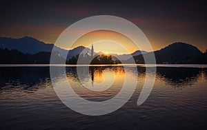 Island with Church in Bled Lake, Slovenia at Sunrise