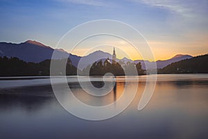 Island with Church in Bled Lake, Slovenia at Sunrise
