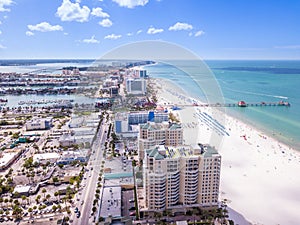 Island Clearwater Beach FL. Ocean or shore Gulf of Mexico. Spring break or Summer vacations in Florida. Hotels, restaurants and Re