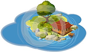 Island concept, for computer games and applications, hut, derv, rock, sea, card, banner, vector, illustration