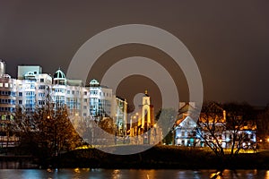 Island of Courage and Sorrow or Ostrov Slyoz on Svisloch river bank at night. Minsk. Belarus