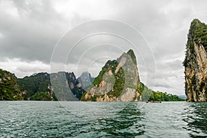 Island in the dam with tree from the boat view, Southern of Thailand