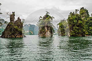 Island in the dam with tree from the boat view, Southern of Thailand