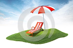 Island with deckchair and sun umbrella floating in the air on sk