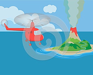 An island with an erupting volcano in the ocean. Helicopter flying over the island. Vector illustration.