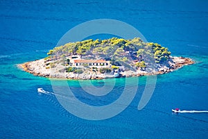 Island of Galisnik in Hvar archipelago aerial view