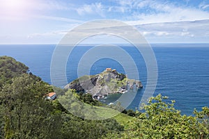 Island of gaztelugatxe on the Cantabrian coast with a stone staircase to go up to the hermitage of Saint John the
