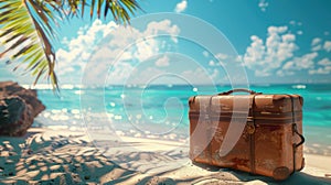 Island Getaway: Travel Suitcase on Tropical Beach with Sunny Sea and Palm Leaves Defocused Abstract Background