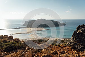 Island Gramvousa and the beautiful Balos beach on sunset in Crete island