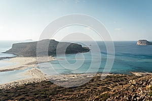 Island Gramvousa and the beautiful Balos beach on sunset in Crete island