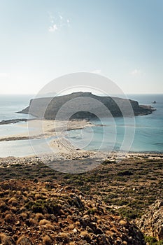 Island Gramvousa and the beautiful Balos beach on sunset in Crete island