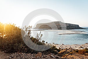 Island Gramvousa and the beautiful Balos beach on sunset in Crete island