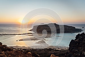 Island Gramvousa and the beautiful Balos beach on sunset in Crete island