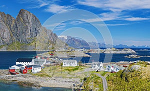 Island of Hamnoy, Lofoten Islands, Norway. Norwegian fishing village with  Fjord and Mountain In Background