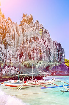 Island hopping with traditional banca boat in El Nido , Palawan