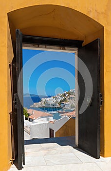 The island of Hydra, Greece, through an open door