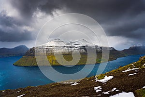 Island of Kalsoy viewed from the Klakkur mountain near Klaksvik on Faroe Islands