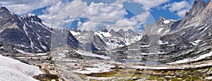 Island Lake in the Wind River Range, Rocky Mountains, Wyoming, views from backpacking hiking trail to Titcomb Basin from Elkhart P