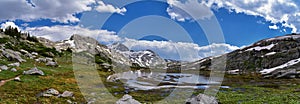 Island Lake in the Wind River Range, Rocky Mountains, Wyoming, views from backpacking hiking trail to Titcomb Basin from Elkhart P