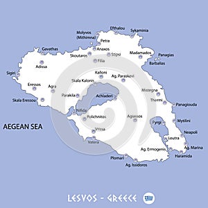 island of lesvos in greece white map and blue background illustration