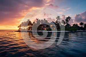 Island luxury Maldives sunset, tranquil lagoon, and overwater villa paradise