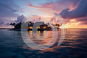 Island luxury Maldives sunset, tranquil lagoon, and overwater villa paradise