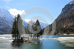 Island with many firs on the alpine lake called Lago del Predil