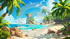 An island in the ocean, a beautiful tropical seaside, colourful palm trees, gold sand and rocks in blue water. A cartoon