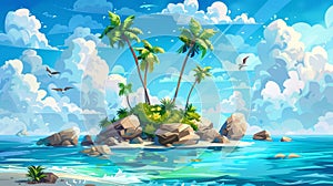 An island in the ocean, calm sea and palm trees under a blue sky, tranquil waters with rocks under a beautiful sky of