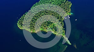 Island in ocean with green plants taken by drone