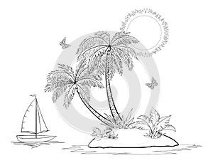 Island with palm and ship contours