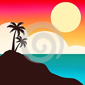 Island palm tree landscape view with sunset sky wallpaper