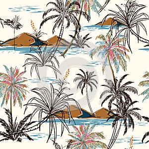 Island and palm trees hand drawing sketch line in seamless pattern vectoe for fashion fabric and all prints