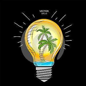 Island with palm trees inside a glass lamp. Vector light bulb with concept of idea. Illustration for print, web. Vector illustrati