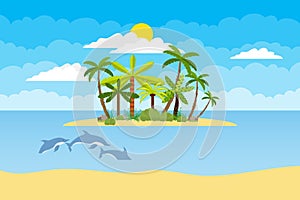 Island with palm trees in the middle of the ocean. Sea landscape of the island with palm trees and dolphins in the sea.