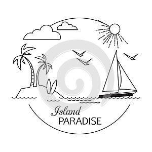 Island Paradise. Beach and water travel and tourism outline background. Minimalistic linear travel vacation landscape