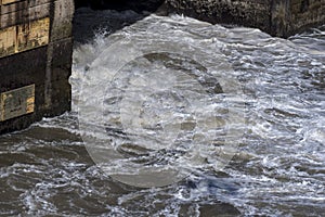 Water pouring from the ducts at the Miraflores Locks Panama Canal