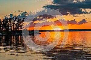 Island in Rainy Lake at Sunset