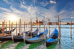 The island of San Giorgio Maggiore and traditional gondolas of Venice, Italy