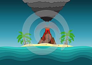 An island in the sea with palm trees and a volcano