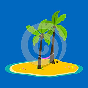 Island in the sea with two palm trees and a hammock. Vector illustration.
