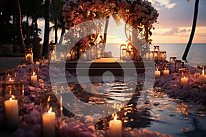 An island shores wedding setup, as the sun sets, a celebration of love and togetherness