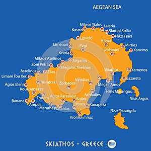 Island of skiathos in Greece orange map and blue background