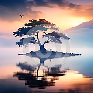 Island Solitude: A Single Tree on a Small Ocean Island with Birds in the Dreamlike Sky