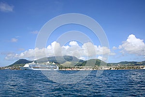 The island of St Kitts, with beautiful landscape & a Cruise ship anchored off the shore, Basseterre, St Kitts, Caribbean