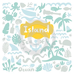 Island stock vector set. Sea life, ocean trip, underwater world, summer marine cruise, pier cartoon design elements