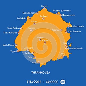 Island of thassos in Greece orange map and blue background