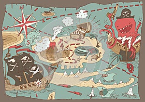 Island Treasure Map ,pirate map, illustration